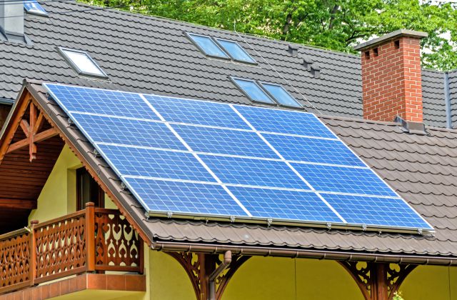 Solar panels on the roof of a vacation home.